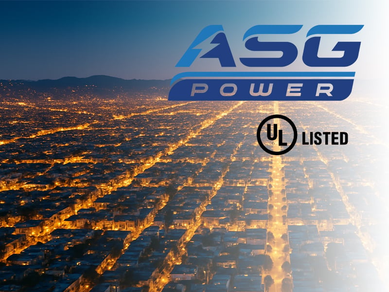 An aerial shot of a community's lights glowing in the twilight. The ASG Power logo and UL LISTED logo are superimposed.