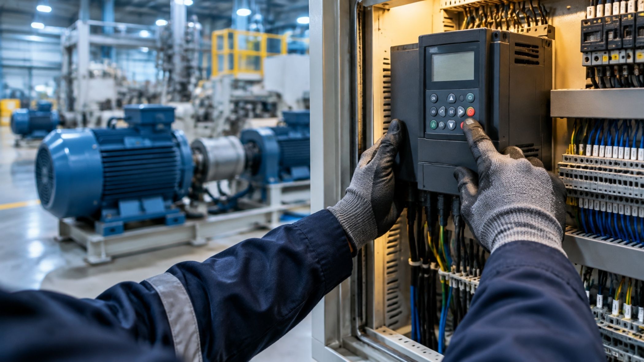 Technician adjusting a variable frequency drive (VFD) inside an industrial electrical control panel, with electric motors visible in the background.